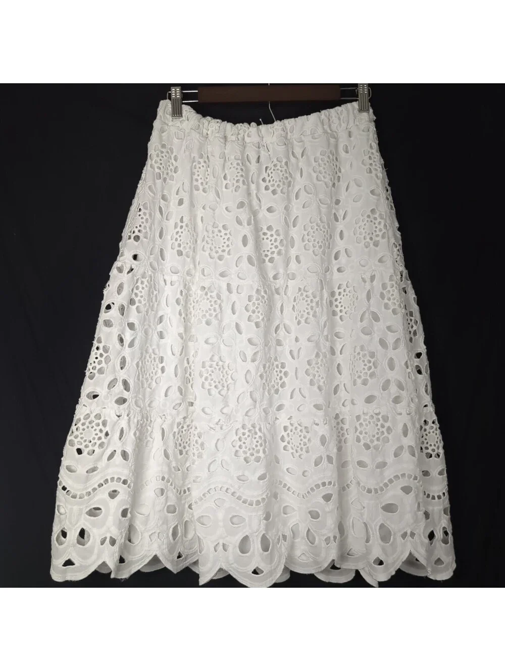 LIV Los Angeles White Eyelet Lace Midi Skirt Tiered Smocked Boho Summer Size M